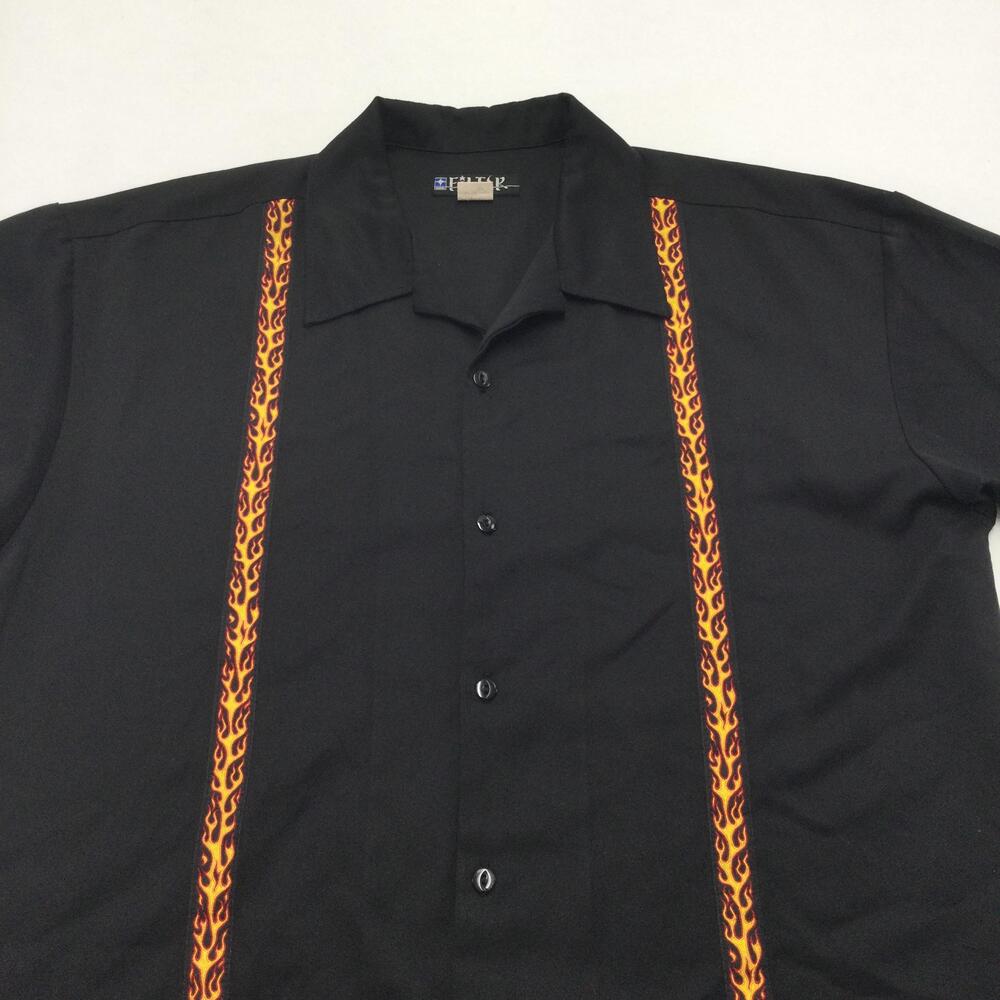 Filter Shirt Mens XL Black Flame Panel Short Sleeve Button Up Bowling Casual